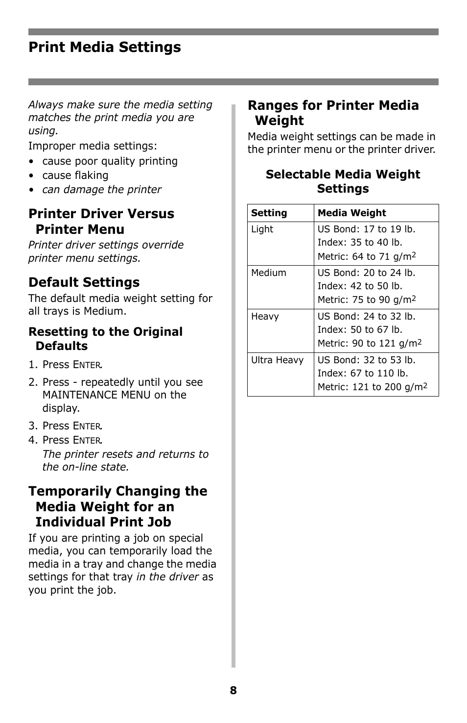 Print media settings, Printer driver versus printer menu, Default settings | Ranges for printer media weight | Oki C8800 User Manual | Page 8 / 87
