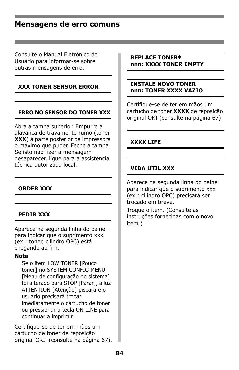 Mensagens de erro comuns | Oki C8800 User Manual | Page 84 / 87