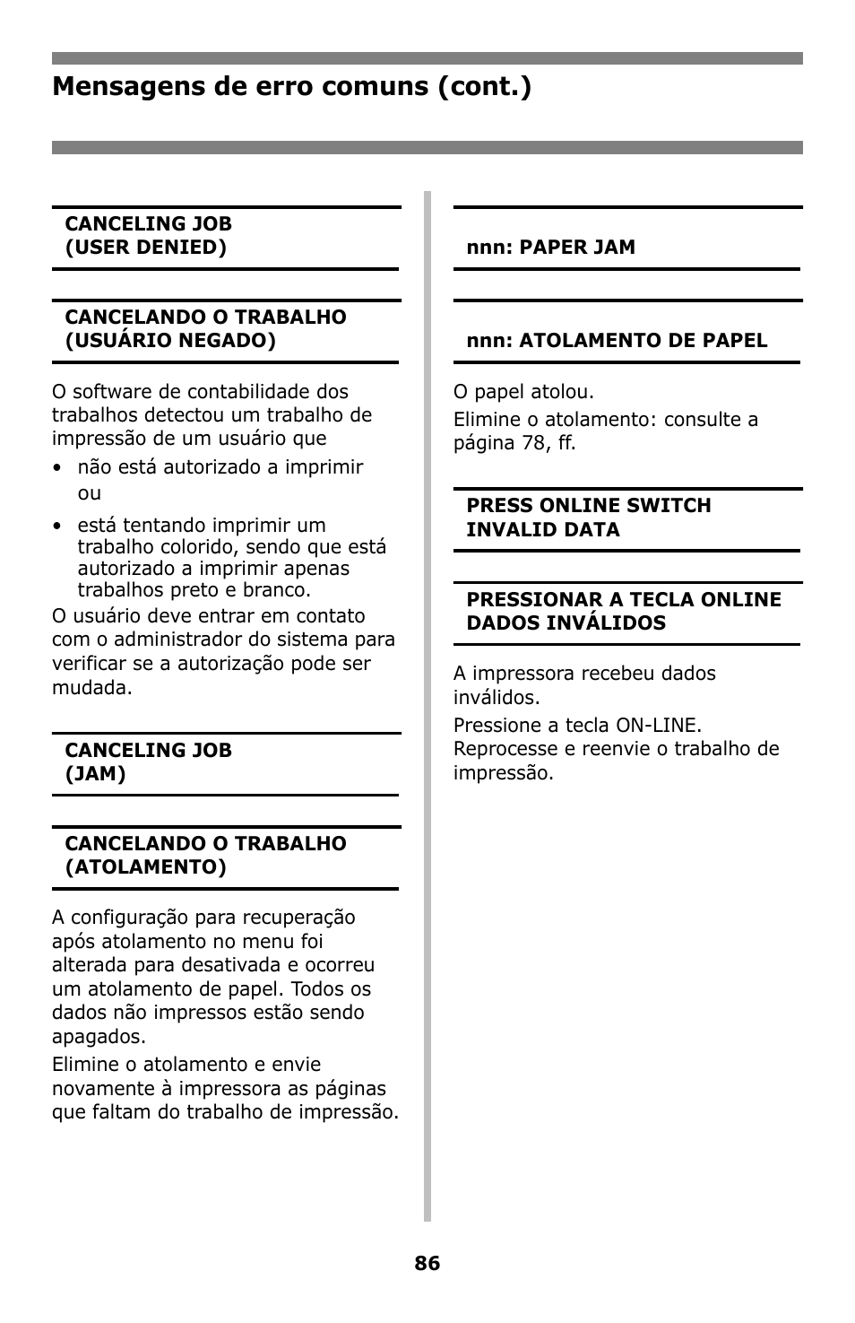 Mensagens de erro comuns (cont.) | Oki C8800 User Manual | Page 86 / 87
