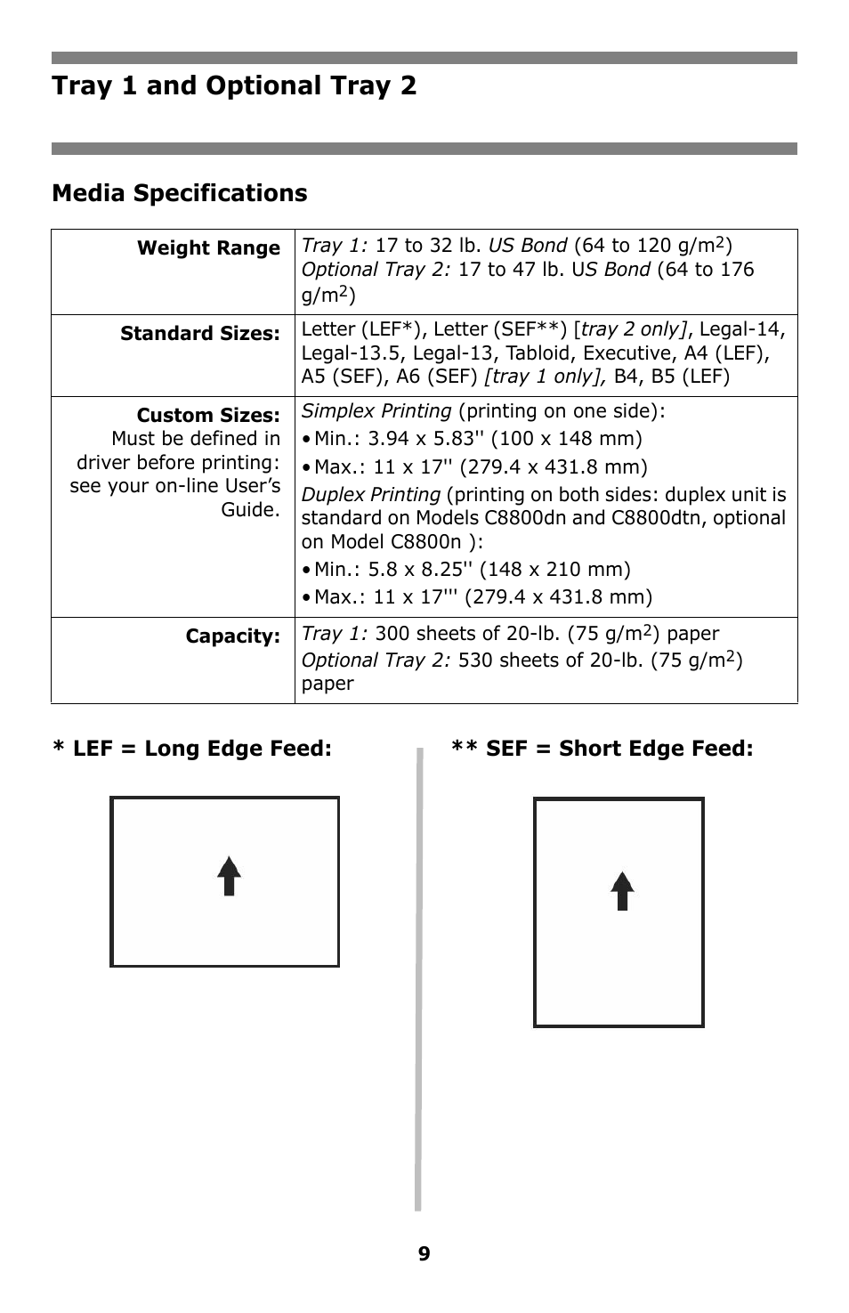 Tray 1 and optional tray 2, Media specifications | Oki C8800 User Manual | Page 9 / 87
