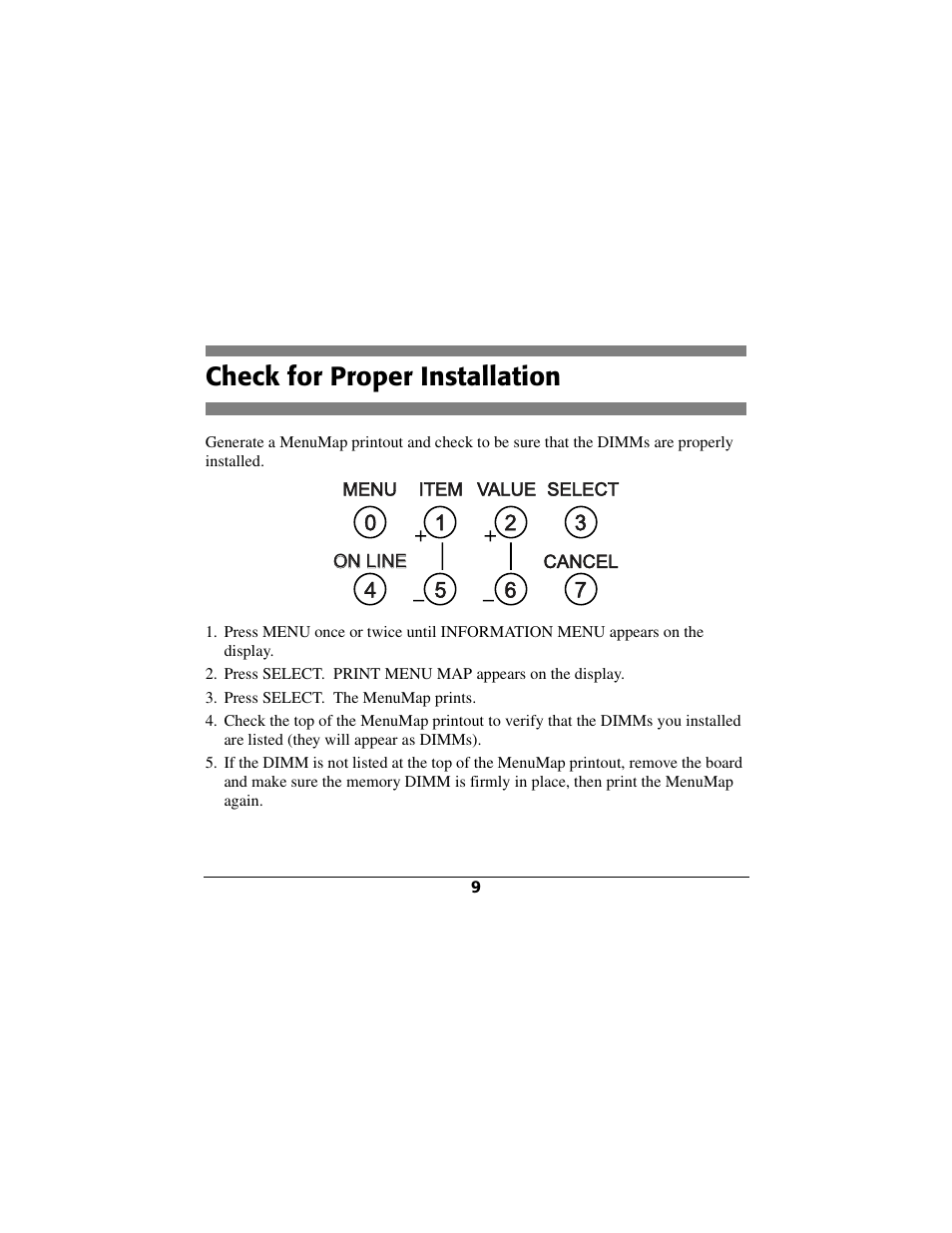 Check for proper installation, Press select. the menumap prints | Oki 70040901 User Manual | Page 10 / 16