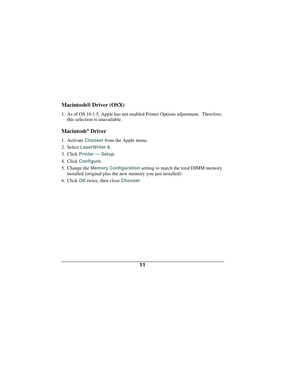 Macintosh® driver (osx), Macintosh® driver, Activate chooser from the apple menu | Select laserwriter 8, Click printer — setup, Click configure, Click ok twice, then close chooser | Oki 70040901 User Manual | Page 12 / 16