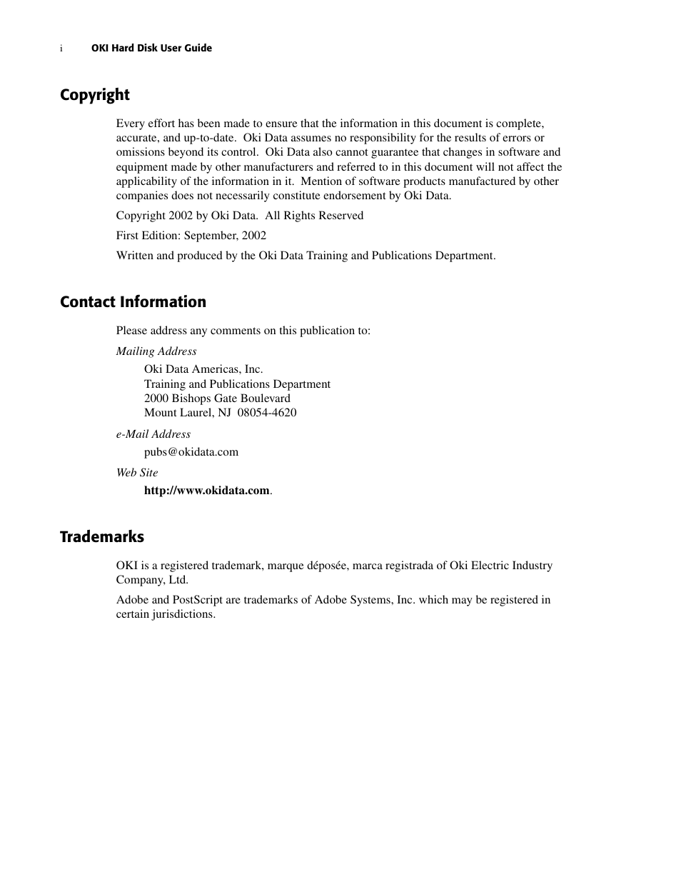 Copyright, Contact information, Trademarks | Oki B 6100 User Manual | Page 2 / 18