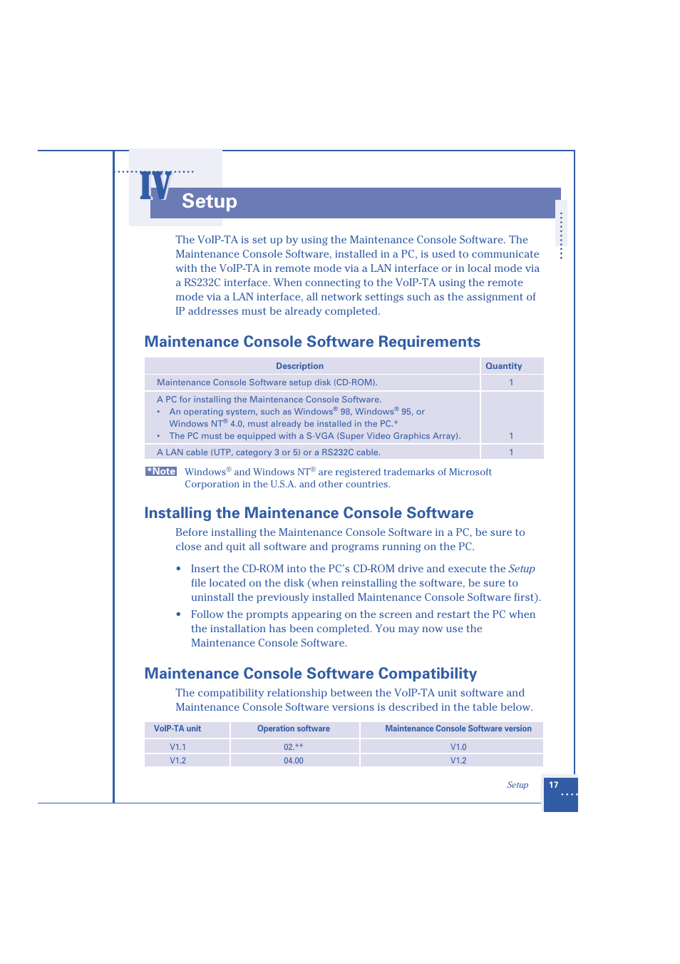 Setup, Maintenance console software requirements, Installing the maintenance console software | Maintenance console software compatibility | Oki 1.2 User Manual | Page 25 / 60