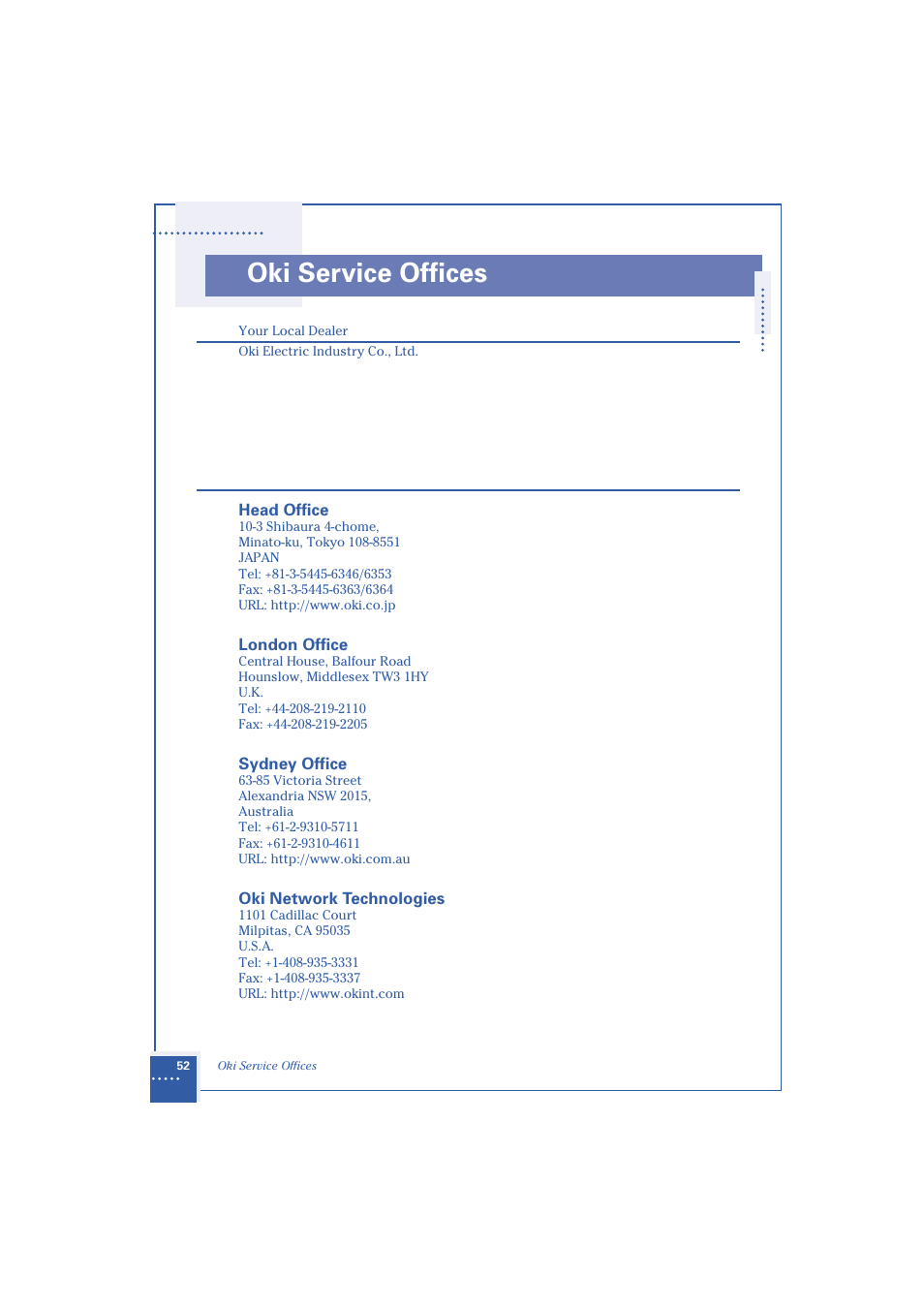 Oki service offices | Oki 1.2 User Manual | Page 60 / 60