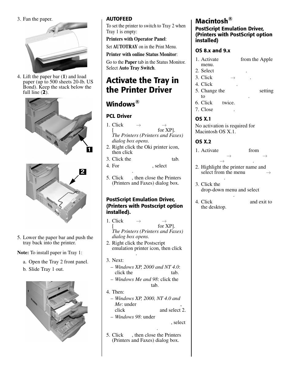 Activate the tray in the printer driver, Windows, Macintosh | Oki 40834406 User Manual | Page 2 / 2