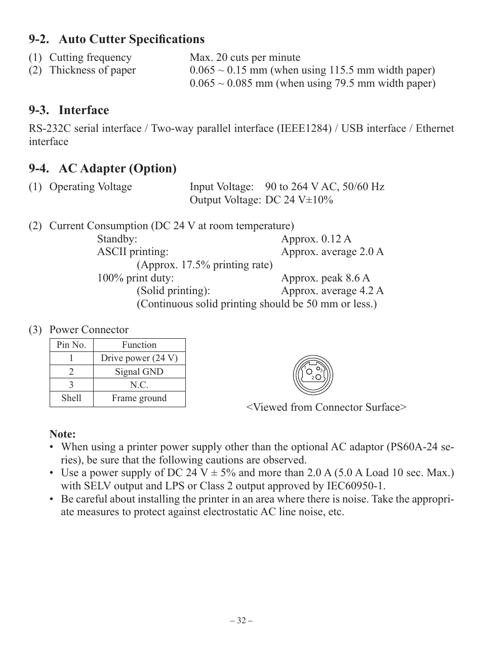 2. auto cutter specifications, 3. interface, 4. ac adapter (option) | Oki RT322POS User Manual | Page 36 / 60