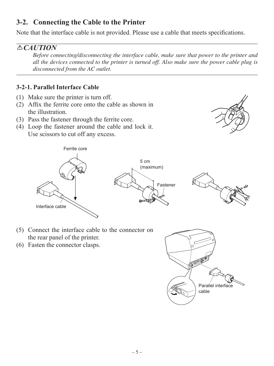 2. connecting the cable to the printer, Caution | Oki RT322POS User Manual | Page 9 / 60