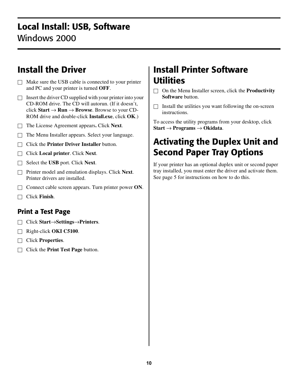 Install printer software utilities, Print a test page | Oki C5100 58357102 User Manual | Page 10 / 12