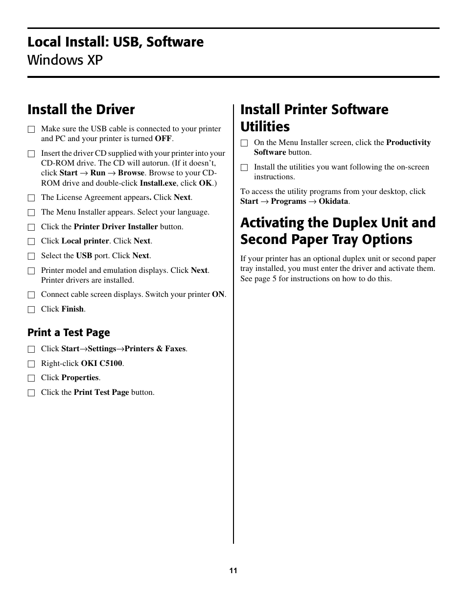 Install printer software utilities, Print a test page | Oki C5100 58357102 User Manual | Page 11 / 12