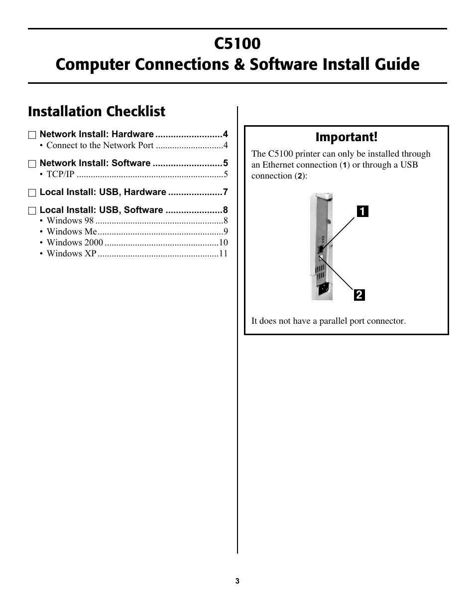 Installation checklist, Important | Oki C5100 58357102 User Manual | Page 3 / 12