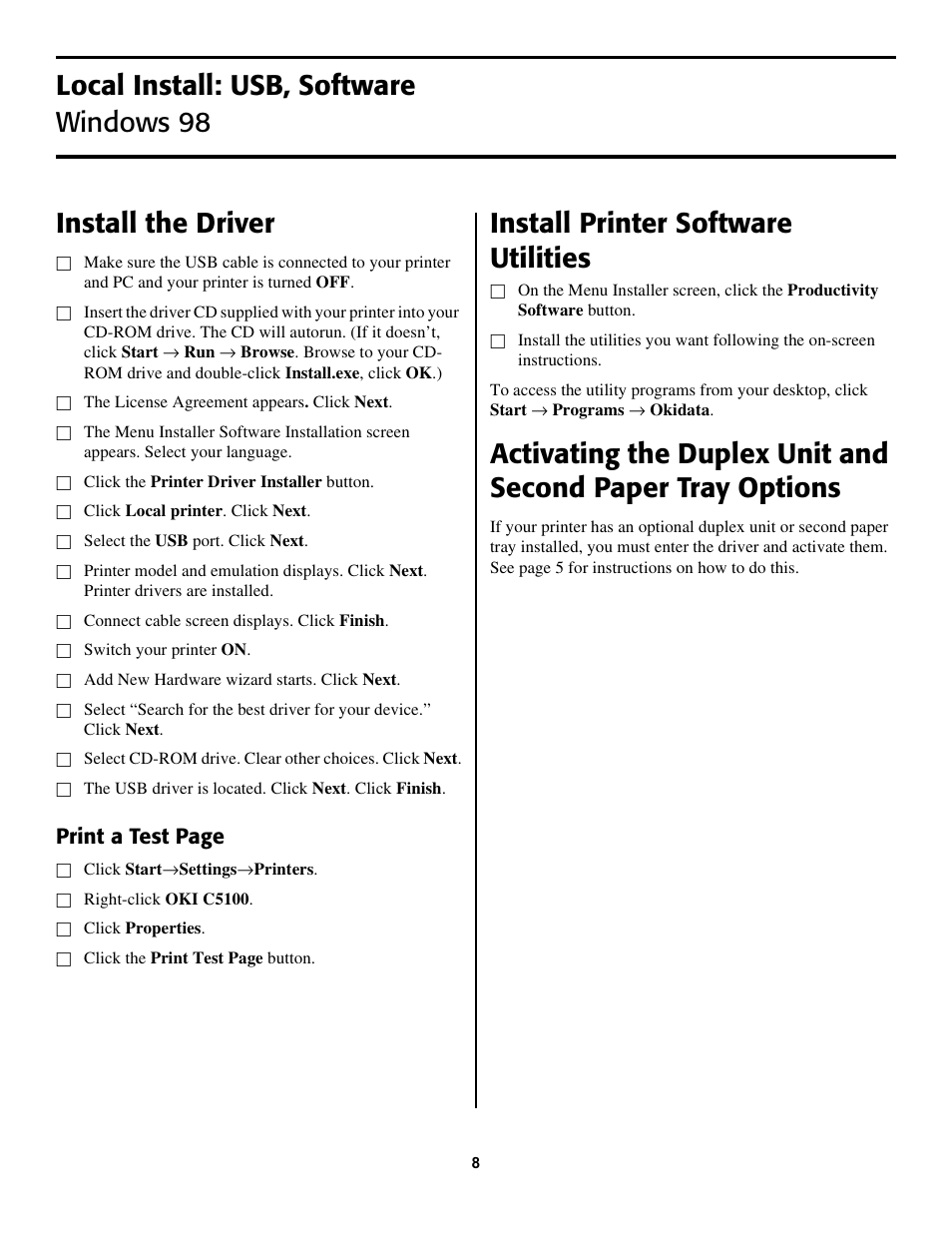 Install printer software utilities, Print a test page | Oki C5100 58357102 User Manual | Page 8 / 12