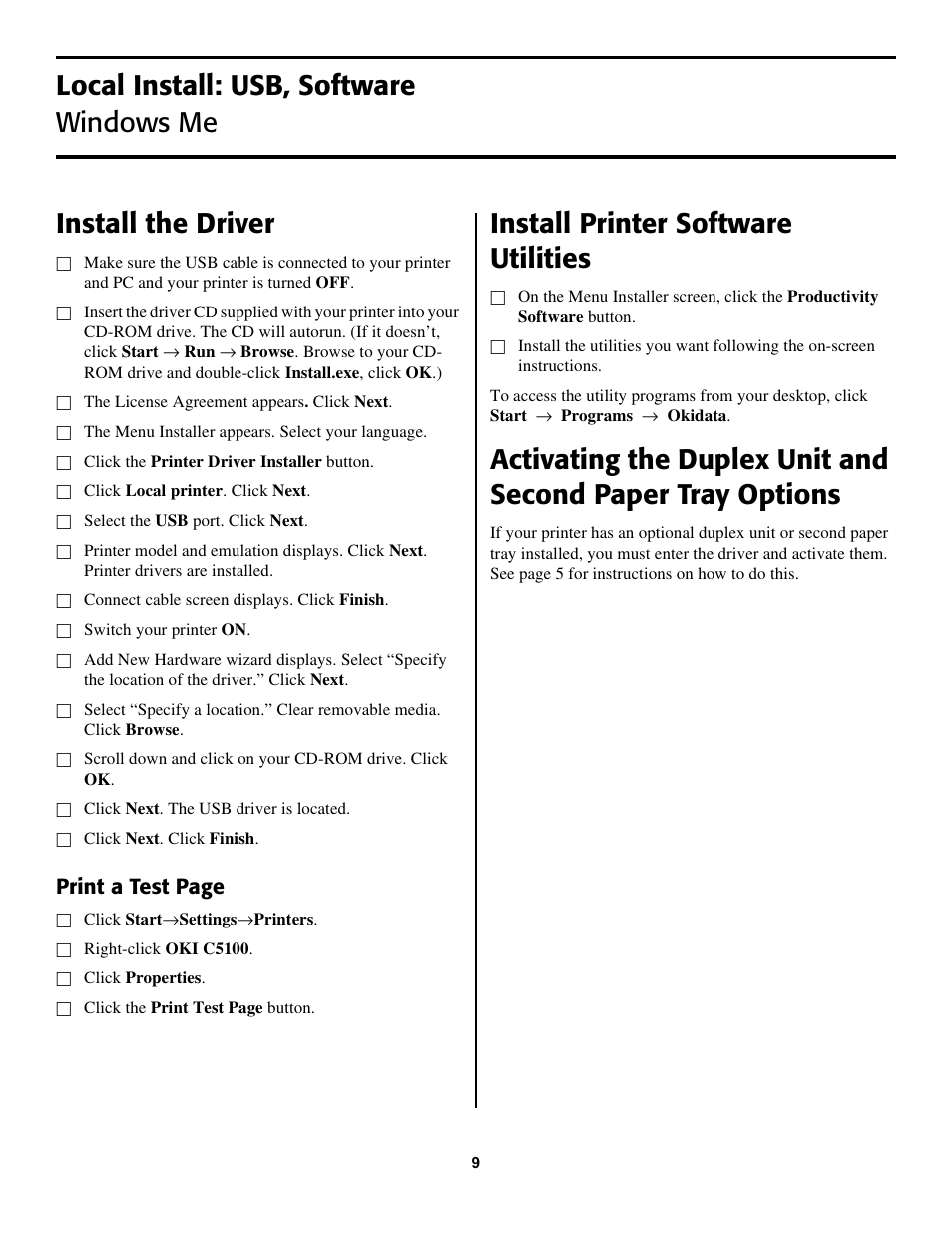 Install printer software utilities, Print a test page | Oki C5100 58357102 User Manual | Page 9 / 12