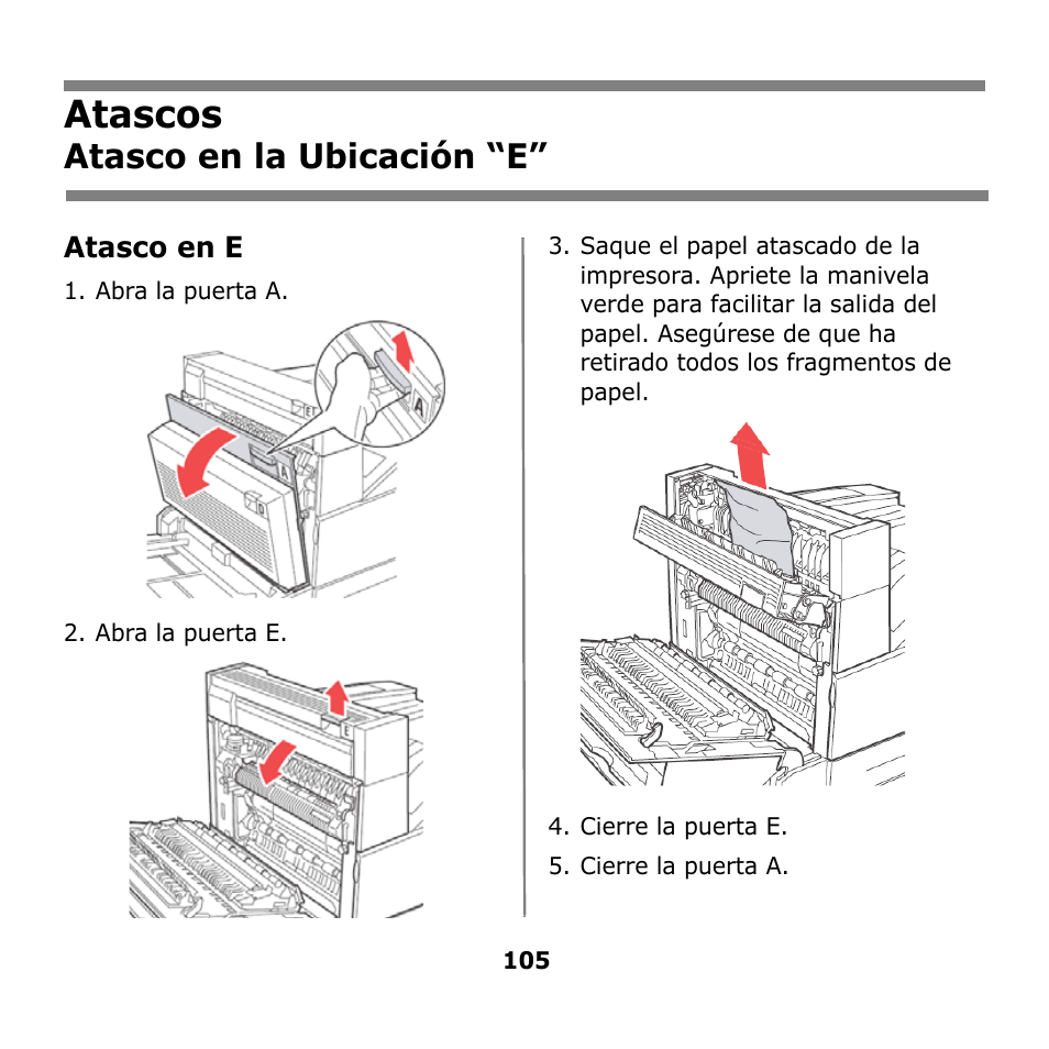 Atascos, Atasco en la ubicación “e | Oki B930n User Manual | Page 105 / 155