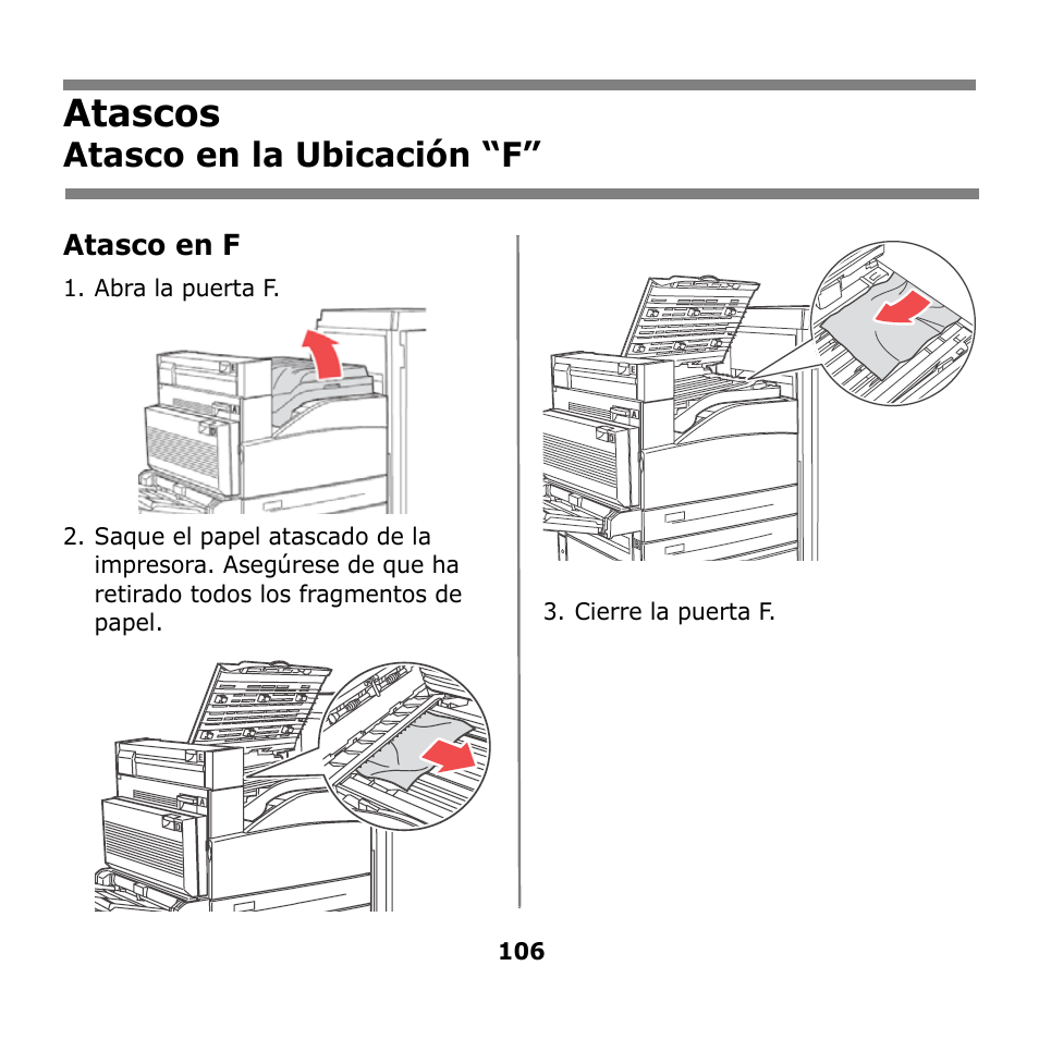 Atascos, Atasco en la ubicación “f | Oki B930n User Manual | Page 106 / 155