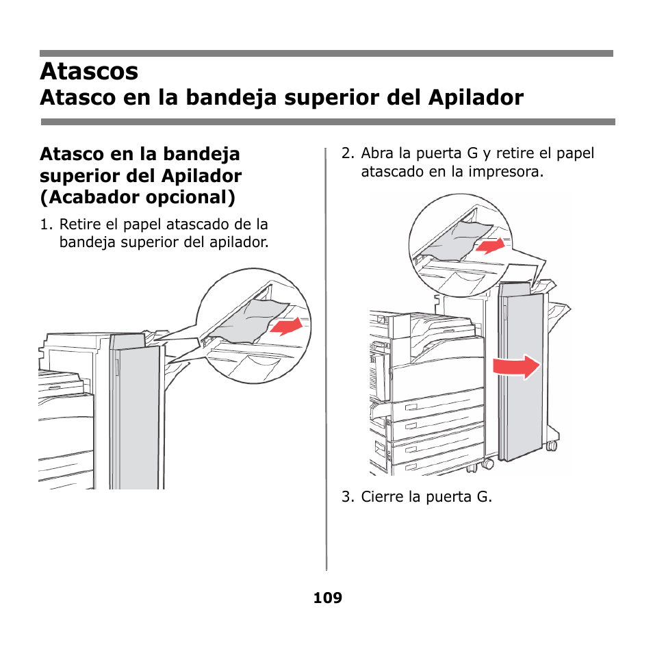 Atascos, Atasco en la bandeja superior del apilador | Oki B930n User Manual | Page 109 / 155