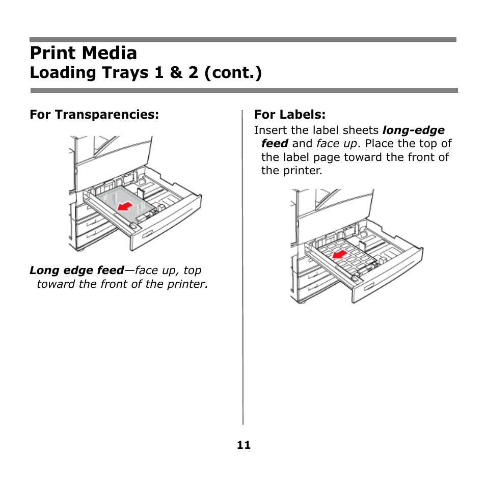 Print media, Loading trays 1 & 2 (cont.) | Oki B930n User Manual | Page 11 / 155