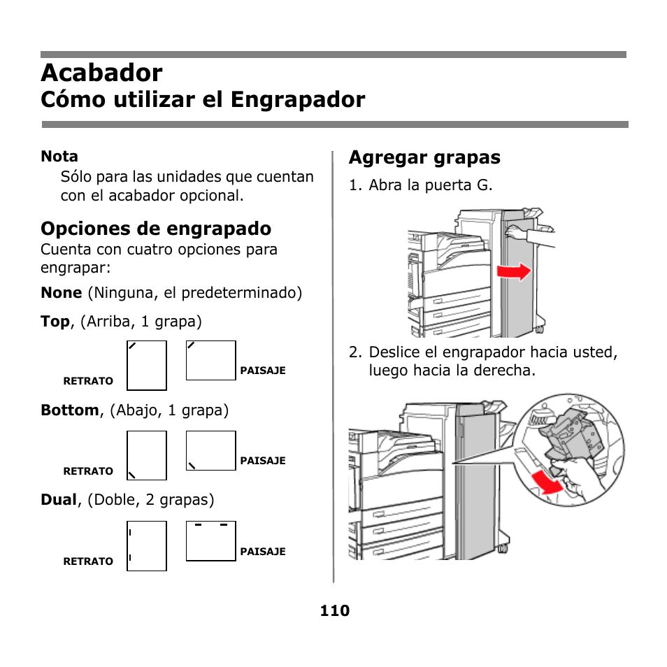 Acabador, Cómo utilizar el engrapador, Opciones de engrapado | Agregar grapas | Oki B930n User Manual | Page 110 / 155