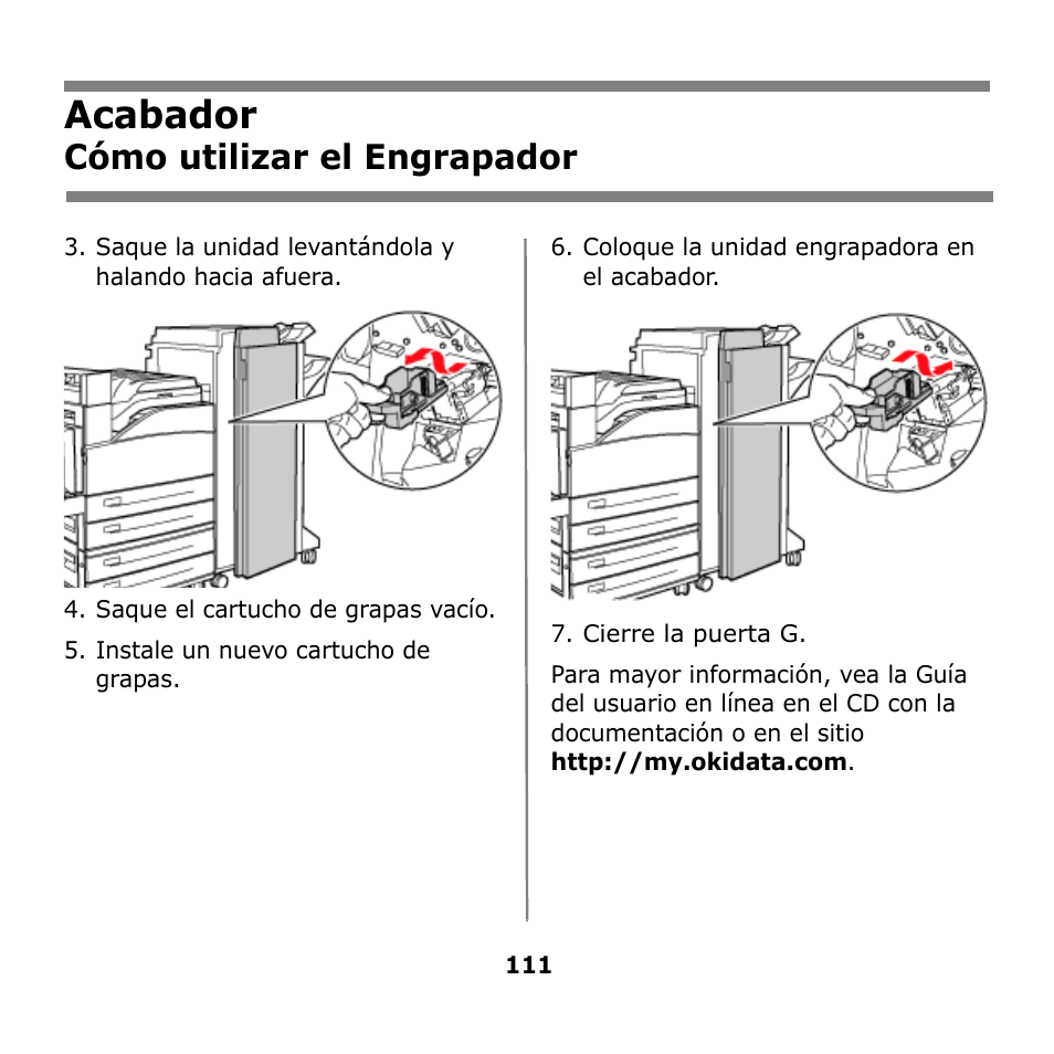 Acabador, Cómo utilizar el engrapador | Oki B930n User Manual | Page 111 / 155