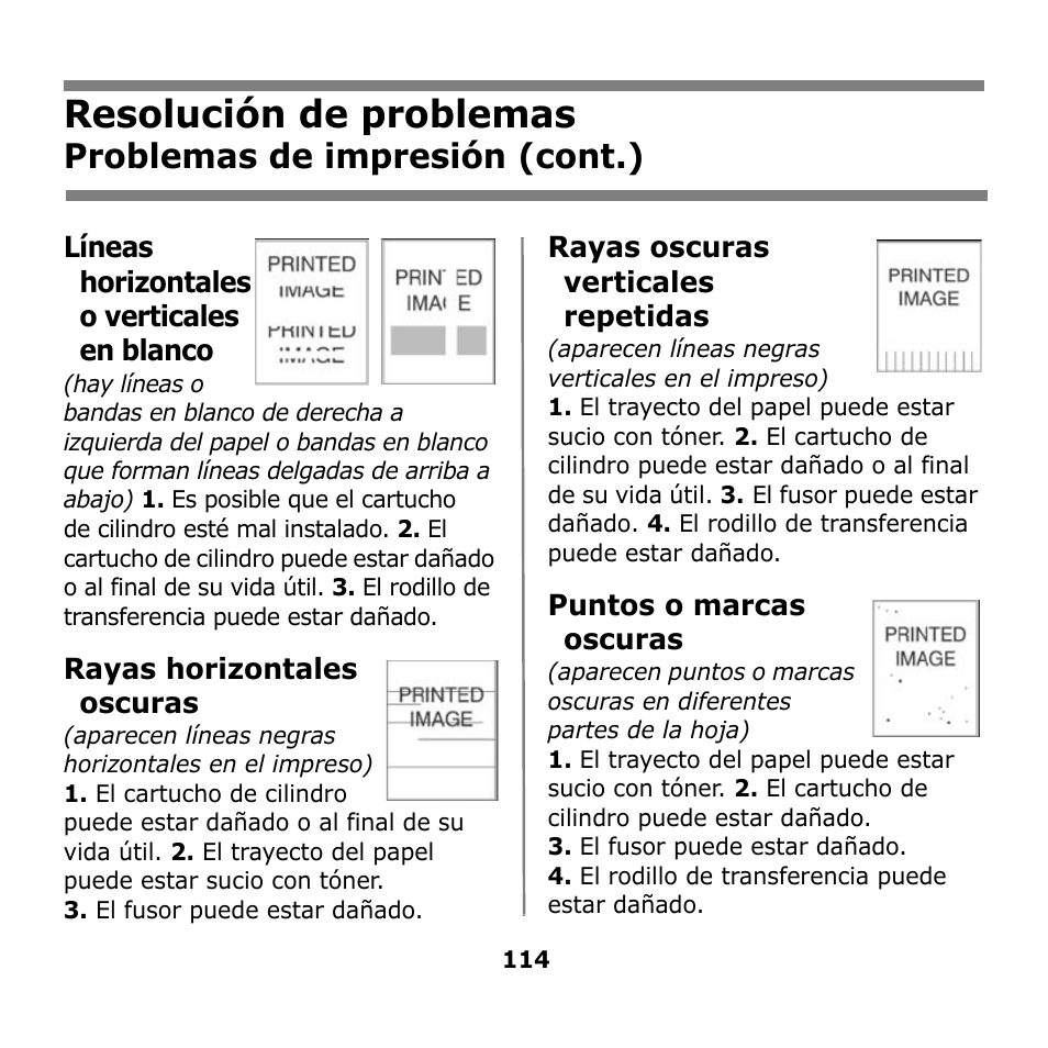 Resolución de problemas, Problemas de impresión (cont.) | Oki B930n User Manual | Page 114 / 155