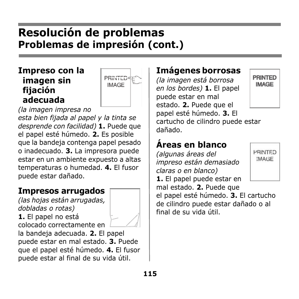 Resolución de problemas, Problemas de impresión (cont.) | Oki B930n User Manual | Page 115 / 155