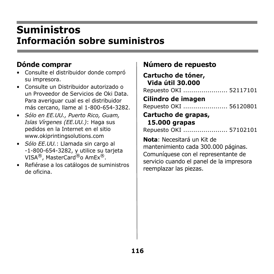 Suministros, Información sobre suministros | Oki B930n User Manual | Page 116 / 155