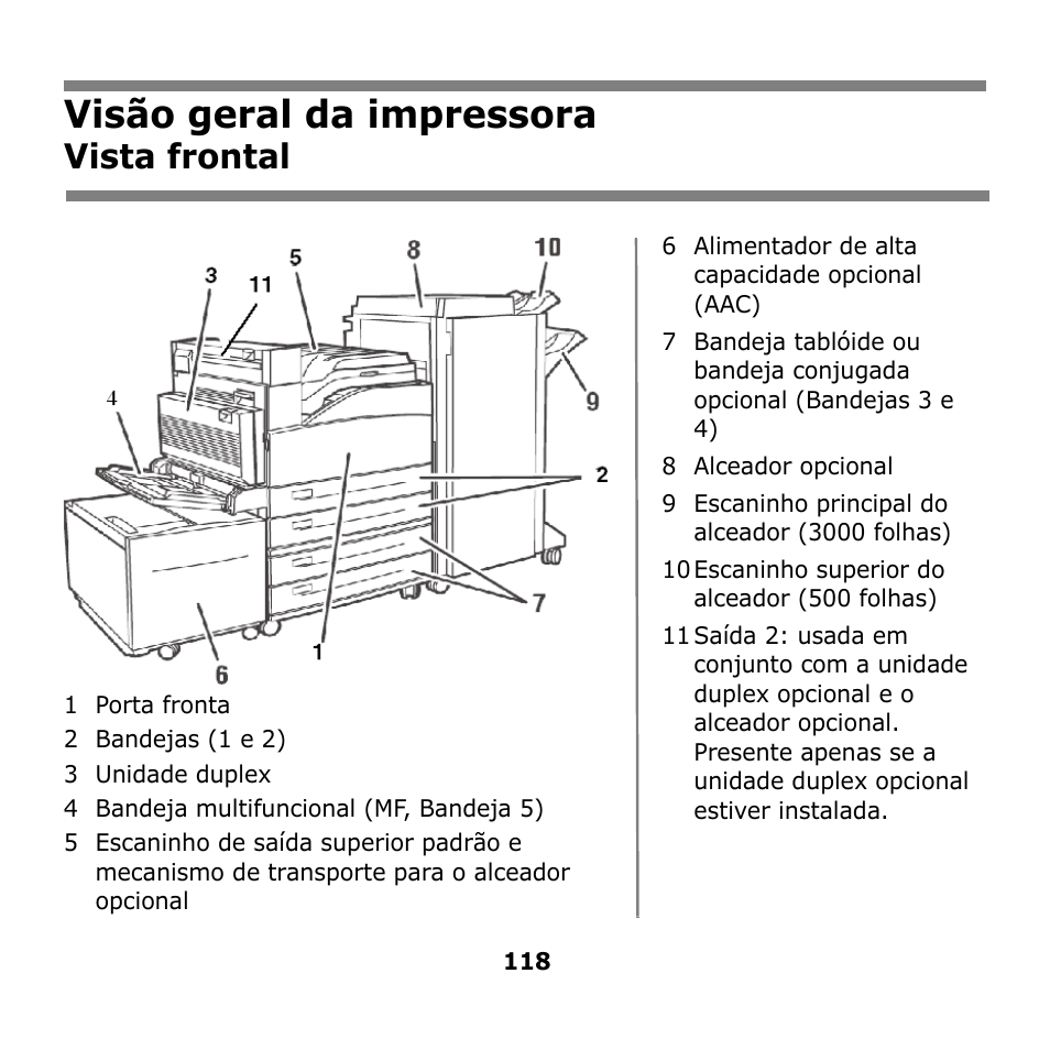 Visão geral da impressora, Vista frontal | Oki B930n User Manual | Page 118 / 155
