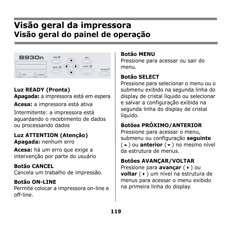 Visão geral da impressora, Visão geral do painel de operação | Oki B930n User Manual | Page 119 / 155