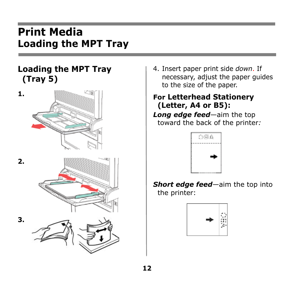 Loading the mpt tray, Print media | Oki B930n User Manual | Page 12 / 155