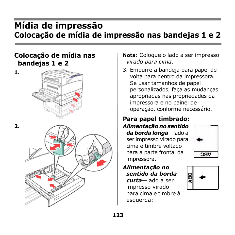 Mídia de impressão, Colocação de mídia de impressão nas bandejas 1 e 2, Colocação de mídia de impressão | Nas bandejas 1 e 2 | Oki B930n User Manual | Page 123 / 155