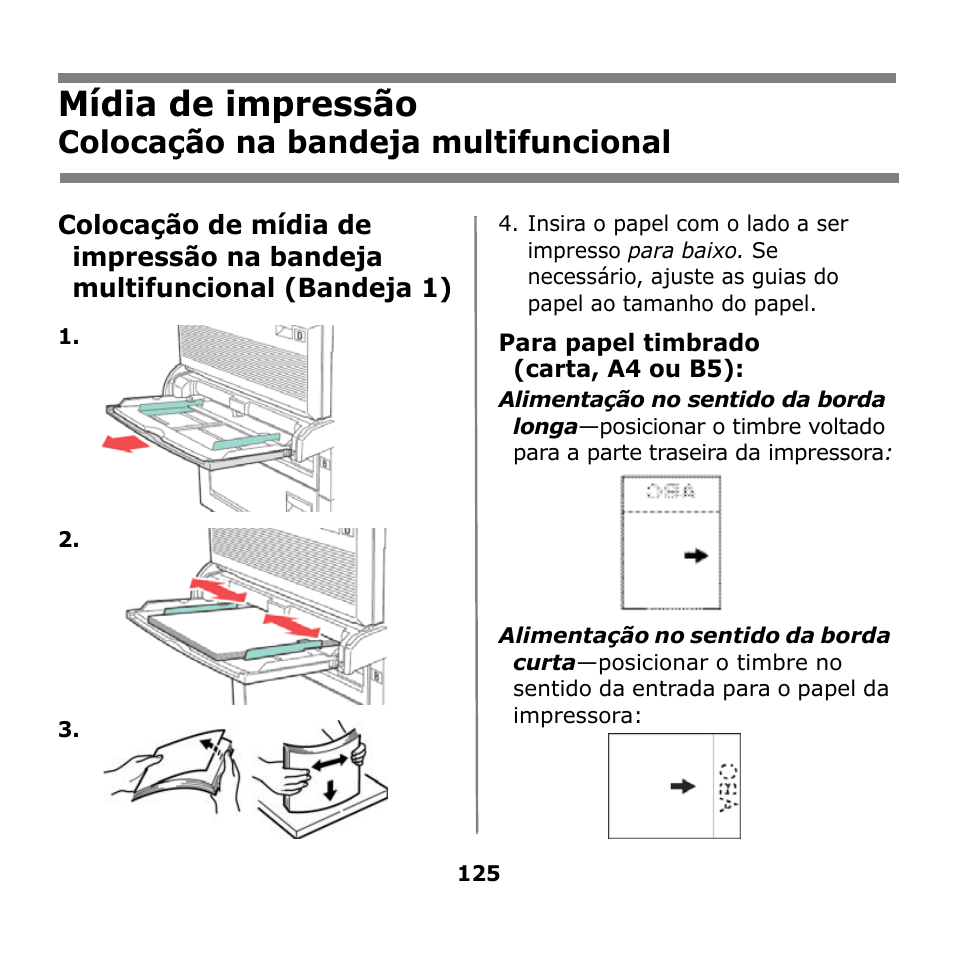 Colocação na bandeja multifuncional, Colocação na bandeja, Multifuncional | Mídia de impressão | Oki B930n User Manual | Page 125 / 155