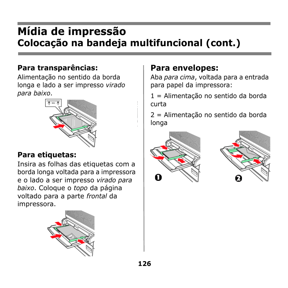 Mídia de impressão, Colocação na bandeja multifuncional (cont.) | Oki B930n User Manual | Page 126 / 155