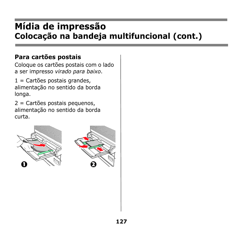 Mídia de impressão, Colocação na bandeja multifuncional (cont.) | Oki B930n User Manual | Page 127 / 155