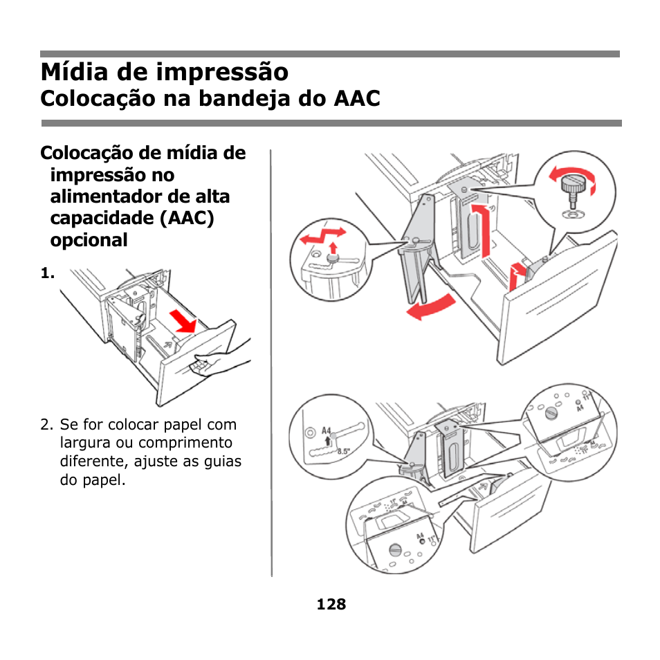 Colocação na bandeja do aac, Mídia de impressão | Oki B930n User Manual | Page 128 / 155