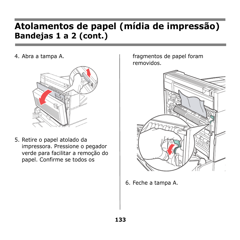 Atolamentos de papel (mídia de impressão), Bandejas 1 a 2 (cont.) | Oki B930n User Manual | Page 133 / 155