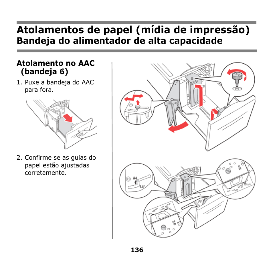 Bandeja do alimentador de alta capacidade, Bandeja do alimentador de, Alta capacidade | Atolamentos de papel (mídia de impressão) | Oki B930n User Manual | Page 136 / 155