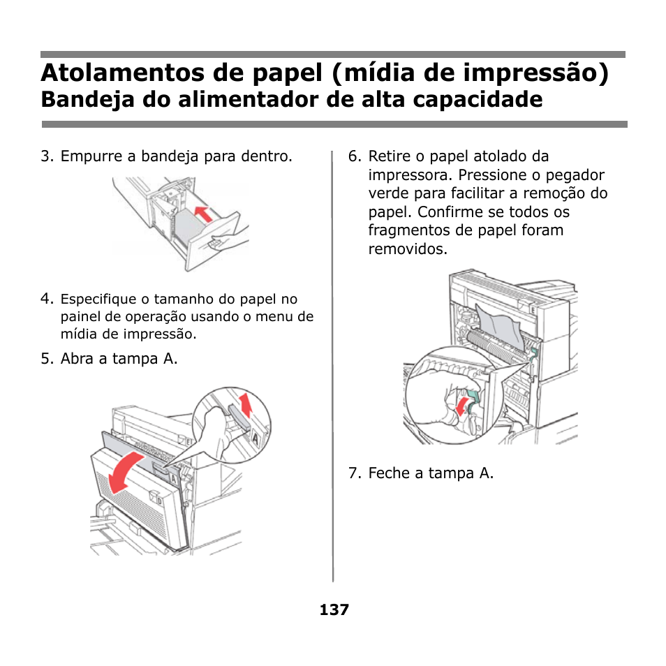 Atolamentos de papel (mídia de impressão), Bandeja do alimentador de alta capacidade | Oki B930n User Manual | Page 137 / 155