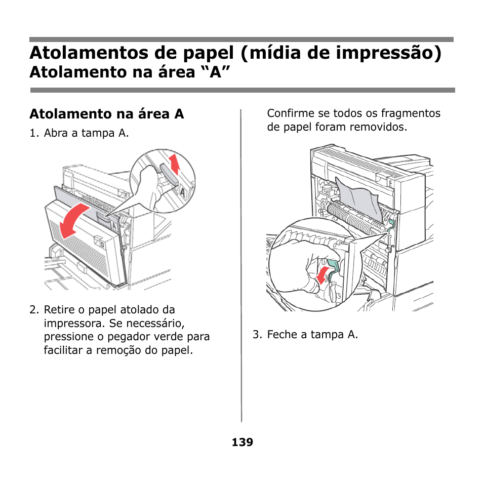 Atolamentos de papel (mídia de impressão), Atolamento na área “a | Oki B930n User Manual | Page 139 / 155