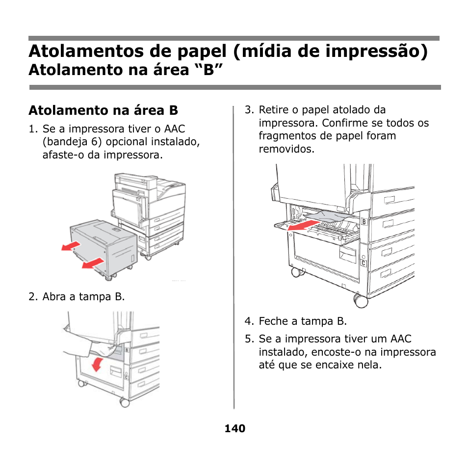 Atolamentos de papel (mídia de impressão), Atolamento na área “b | Oki B930n User Manual | Page 140 / 155