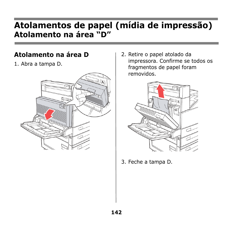 Atolamentos de papel (mídia de impressão), Atolamento na área “d | Oki B930n User Manual | Page 142 / 155
