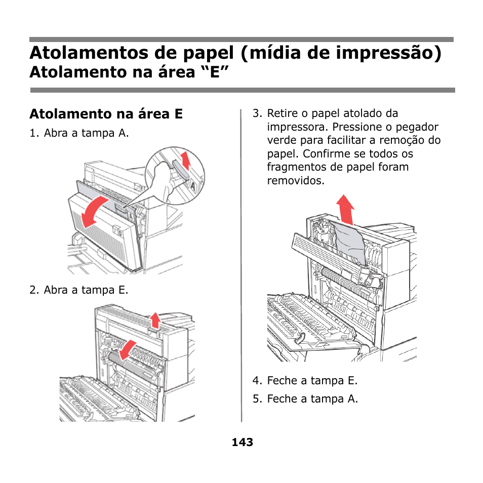 Atolamentos de papel (mídia de impressão), Atolamento na área “e | Oki B930n User Manual | Page 143 / 155
