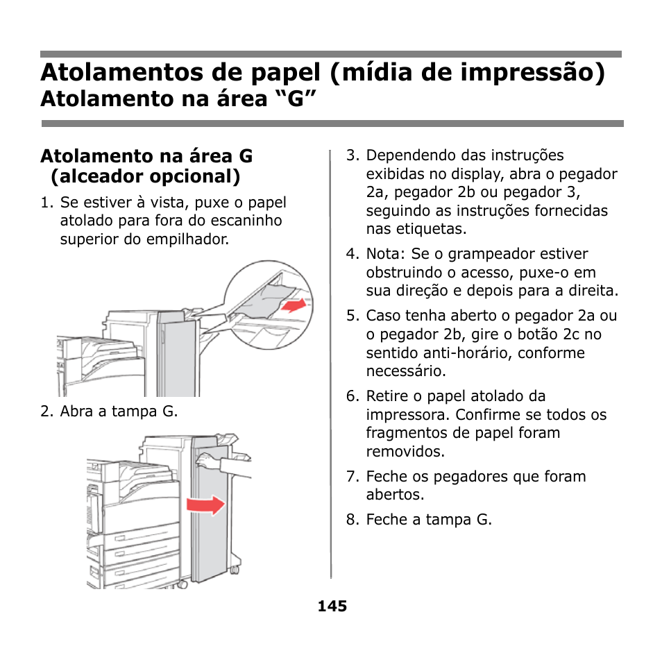 Atolamentos de papel (mídia de impressão), Atolamento na área “g | Oki B930n User Manual | Page 145 / 155