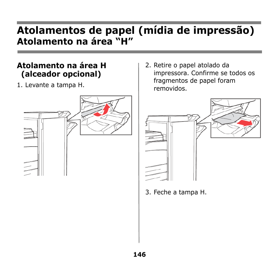 Atolamentos de papel (mídia de impressão), Atolamento na área “h | Oki B930n User Manual | Page 146 / 155