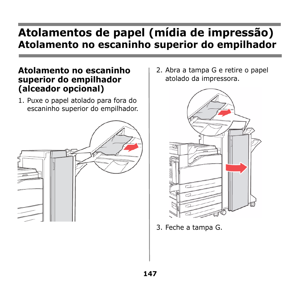 Atolamentos de papel (mídia de impressão), Atolamento no escaninho superior do empilhador | Oki B930n User Manual | Page 147 / 155