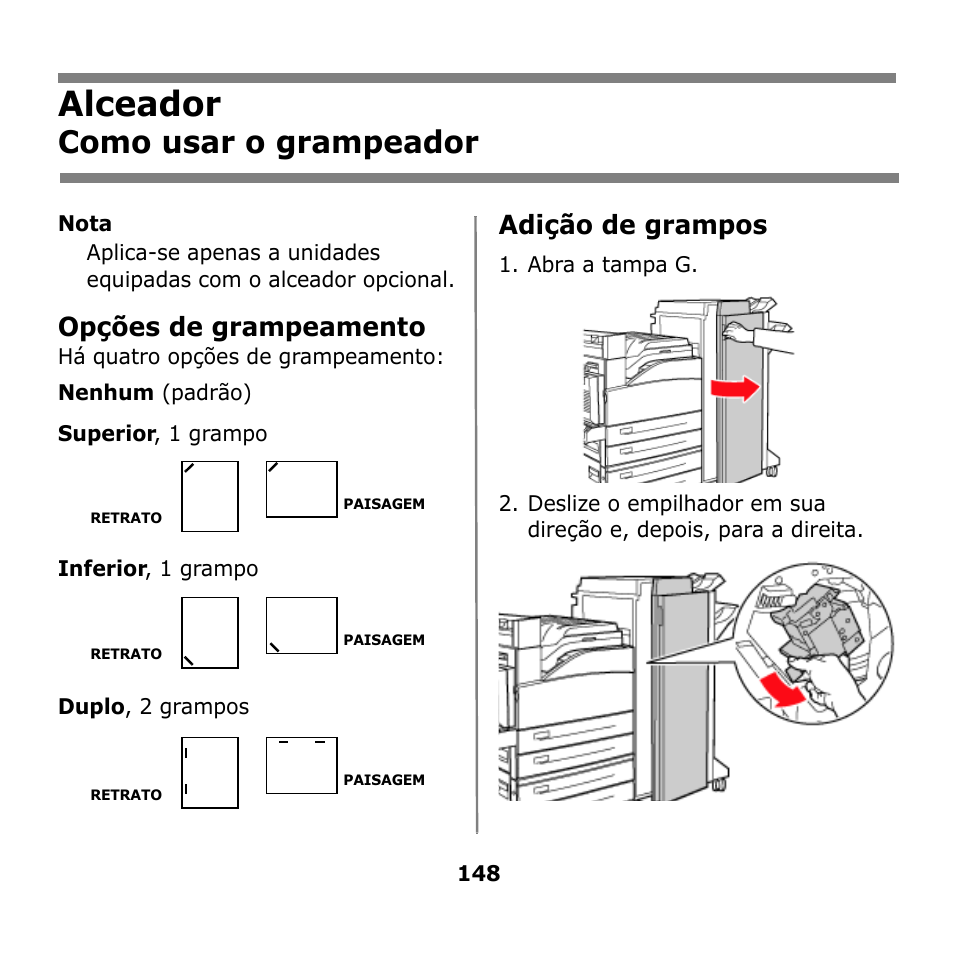 Alceador, Como usar o grampeador, Opções de grampeamento | Adição de grampos | Oki B930n User Manual | Page 148 / 155