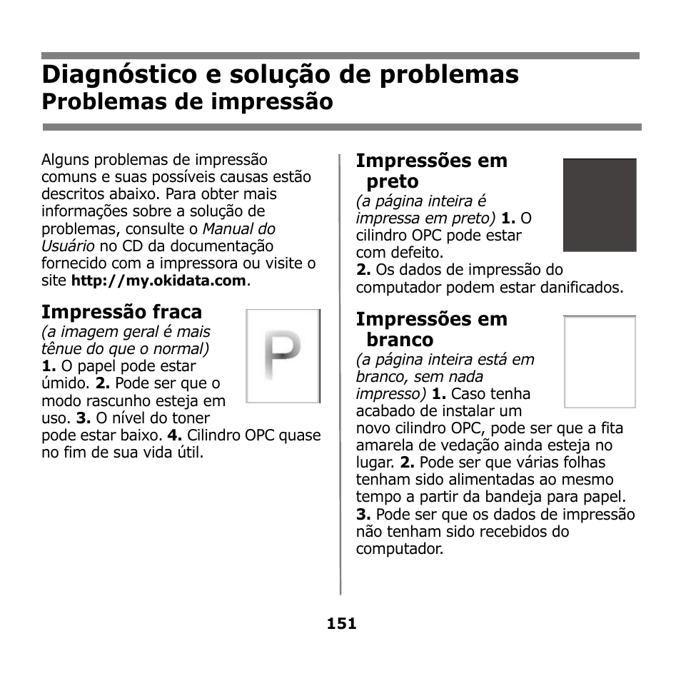 Diagnóstico e solução de problemas, Diagnóstico e solução de, Problemas | Problemas de impressão, Impressão fraca, Impressões em preto, Impressões em branco | Oki B930n User Manual | Page 151 / 155