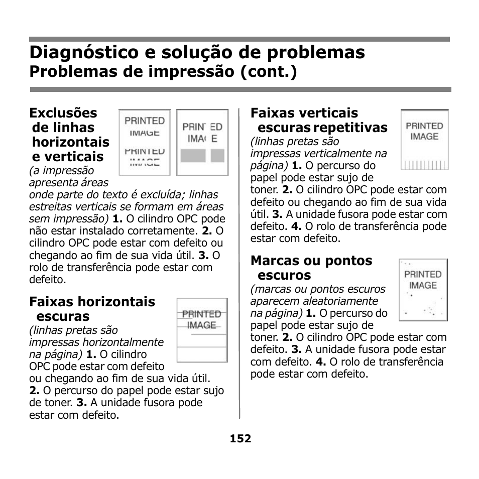 Diagnóstico e solução de problemas, Problemas de impressão (cont.), Exclusões de linhas horizontais e verticais | Faixas horizontais escuras, Faixas verticais escuras repetitivas, Marcas ou pontos escuros | Oki B930n User Manual | Page 152 / 155