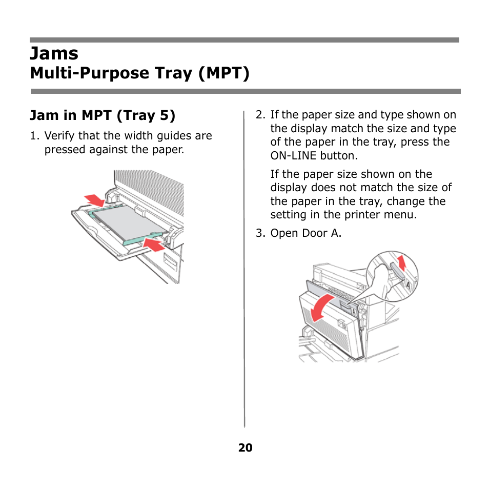 Multi-purpose tray (mpt), Jams | Oki B930n User Manual | Page 20 / 155