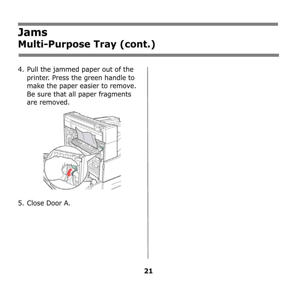 Jams, Multi-purpose tray (cont.) | Oki B930n User Manual | Page 21 / 155