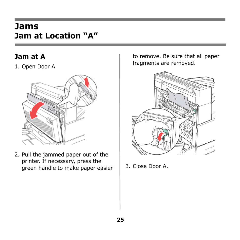 Jams, Jam at location “a | Oki B930n User Manual | Page 25 / 155